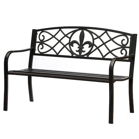 Gardenised Outdoor Garden Patio Steel Park Bench Lawn Decor with Cast Iron Unique Design Back, Black Seating Bench for Yard, Patio, Garden, Balcony, and Deck QI004257